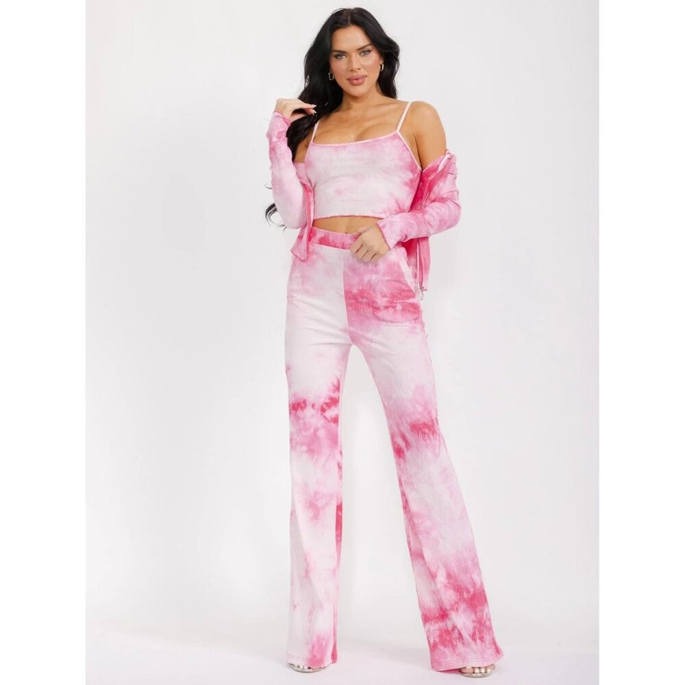 💖 NWT 3 Pc Pink Tie Dye Lounge Set Crop Cami Flare Pants Hoodie L 💖